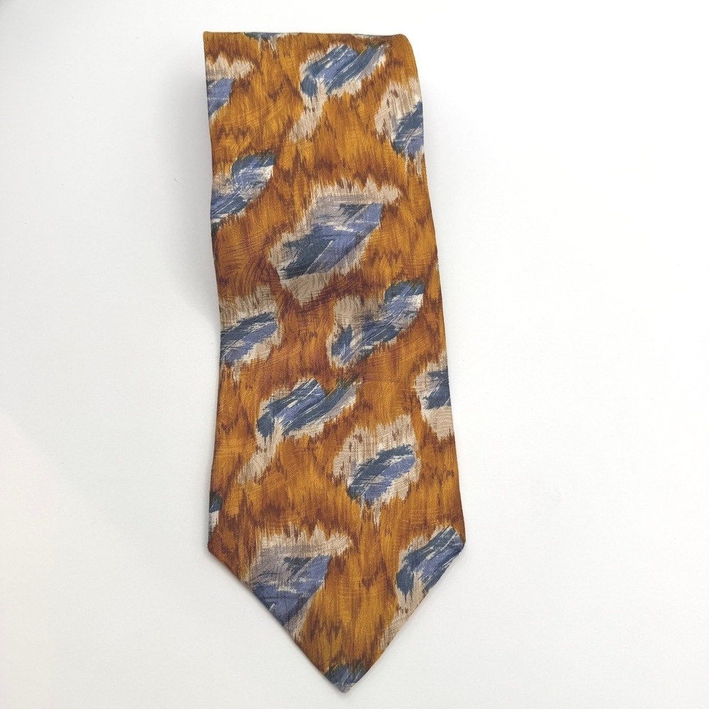 Ferrell‎ Reed Silk Necktie Mens OS Gold Blue Abstract Ikat Italy USA - Picture 2 of 7
